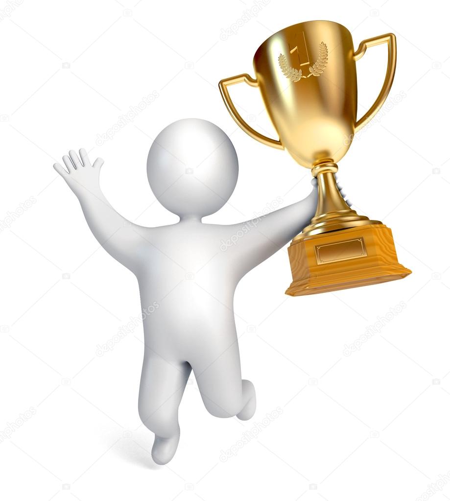 Funny white people holding a Golden Cup. Gold Trophy Cup