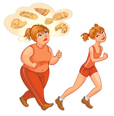 Young fat and thin woman jogging