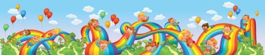Children slide down on a rainbow. Roller coaster ride
