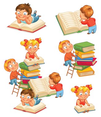 Children reading books in the library clipart