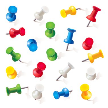 Set of push pins in different colors. Thumbtacks clipart