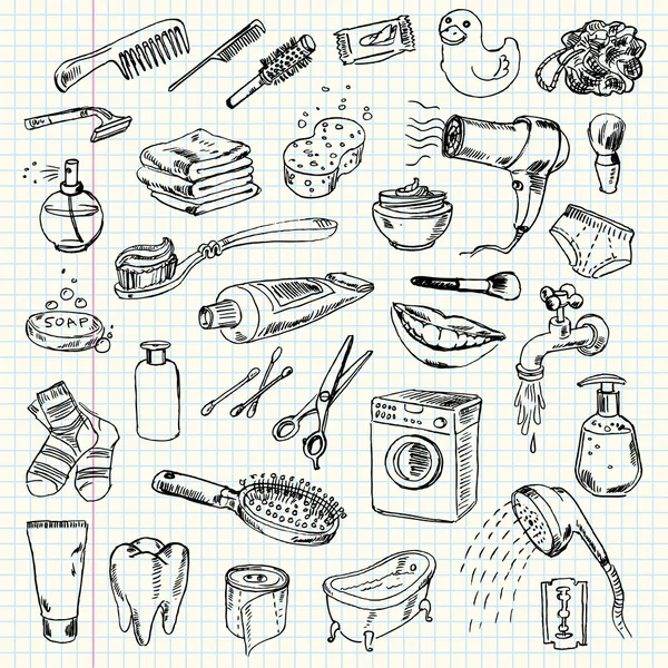 Desenho à mão livre produtos de higiene e limpeza —  Vetores de Stock