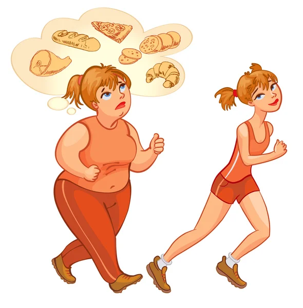 Joven mujer gorda y delgada trotando — Vector de stock