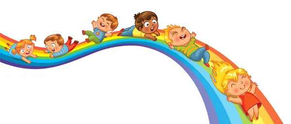 Les enfants montent sur un arc-en-ciel — Image vectorielle