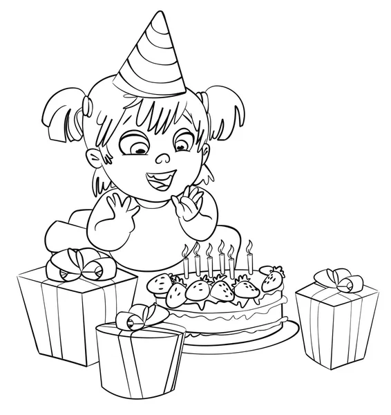 Little girl having fun celebrating her birthday. Coloring book — Stock Vector