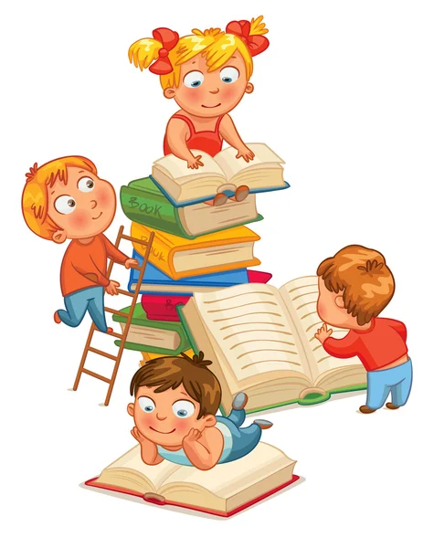 Παιδιά ανάγνωση βιβλίων στη βιβλιοθήκη — Διανυσματικό Αρχείο