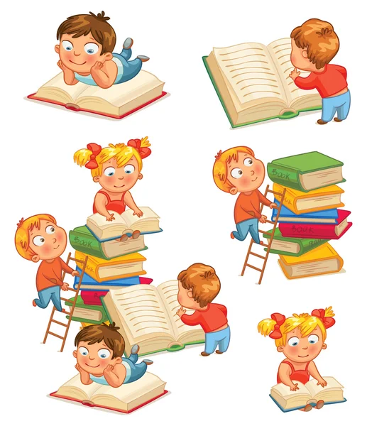 Bambini che leggono libri in biblioteca — Vettoriale Stock