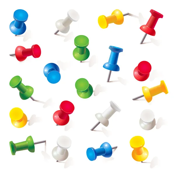 Verzameling van push pins in verschillende kleuren. thumbtacks — Stockvector