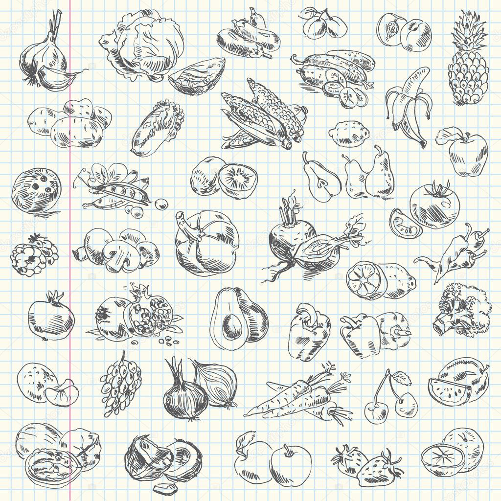 Freehand drawing fruit and vegetables