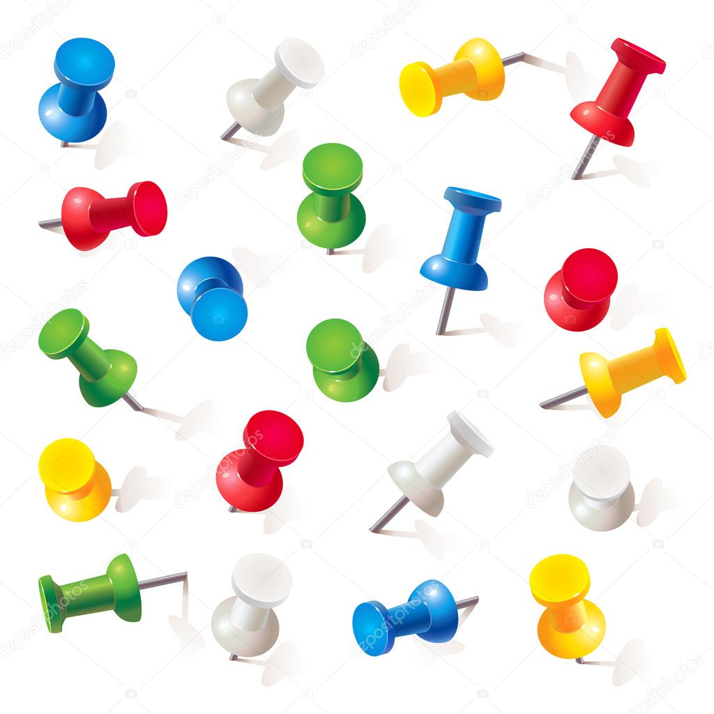 Set of push pins in different colors. Thumbtacks