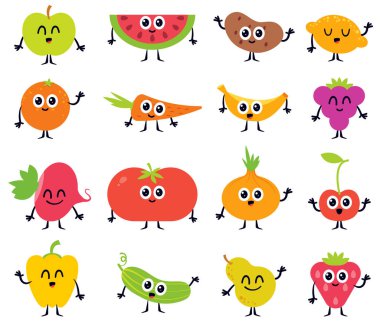 Çizgi film sebze ve meyve seti. Düz biçim