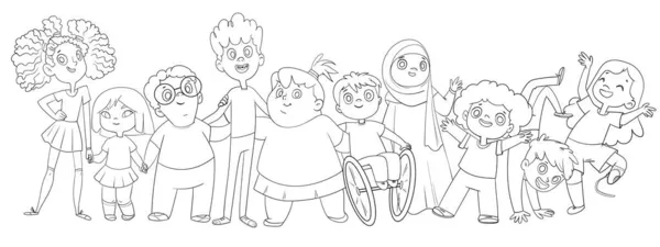 Concepto diversidad e inclusión. Grupo de amigos multiétnicos y niños multirraciales — Vector de stock