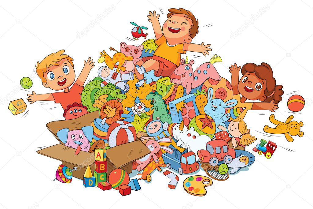 Children playing with toys. Girl and a boy have fun jumping in a heap of various toys