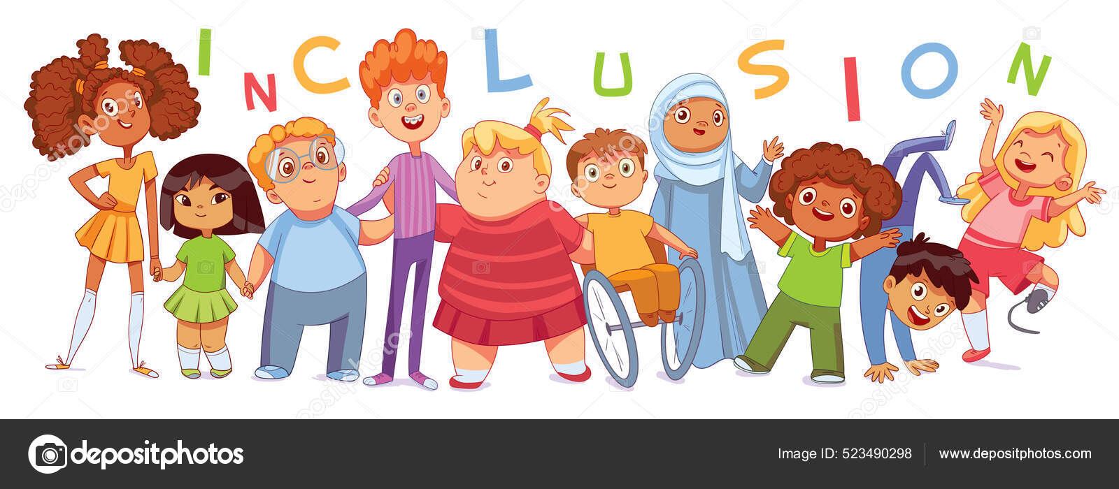 Concepto diversidad e inclusión. Grupo de amigos multiétnicos y niños