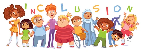 Concepto diversidad e inclusión. Grupo de amigos multiétnicos y niños multirraciales — Vector de stock