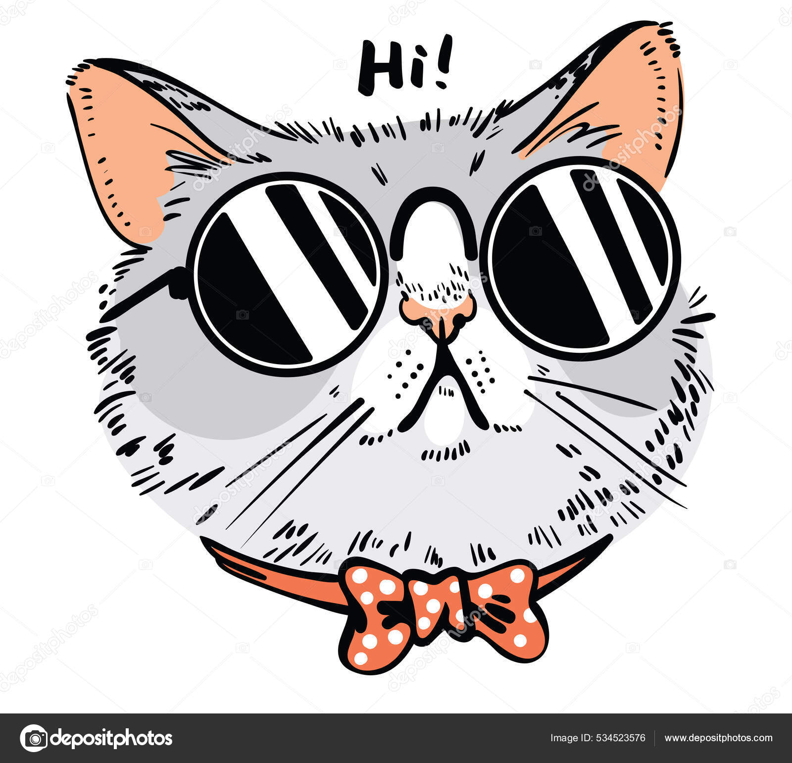 手绘猫的肖像一只带着领结和眼镜的猫的肖像卡通人物有趣的矢量说明因白人背景而被隔离图库矢量图©kharlamova_lv 534523576, image size:1600x1540