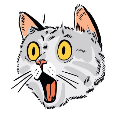 Kedi portresi çizimi. Şaşırmış kedinin yüzü. Çizgi film karakterleri. Komik vektör çizimi. Beyaz arkaplanda izole. 