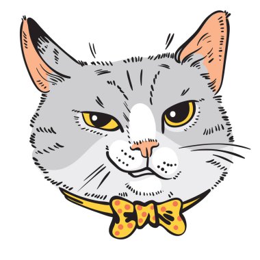 Kedi resmi. Kedi sırıtışı. Kedi sırıtışı. Papyonlu kedi portresi. Çizgi film karakterleri. Komik vektör çizimi. Beyaz arkaplanda izole. 