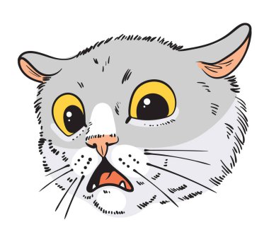 Kedi portresi çizimi. Çılgın kedi. Çizgi film karakterleri. Komik vektör çizimi. Beyaz arkaplanda izole