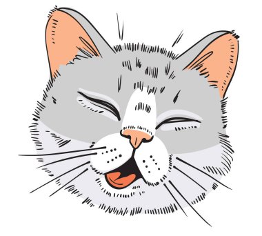 Kedi portresi çizimi. Kedi sırıtışı. Kedi dilini çıkardı ve gözlerini bozdu. Çizgi film karakterleri. Komik vektör çizimi. Beyaz arkaplanda izole