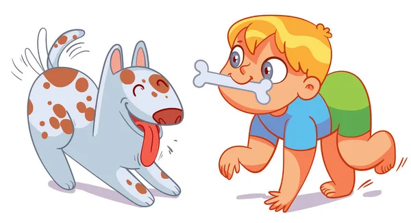 Chłopak Trzyma Kość Jak Pies Dziecko Bawiące Się Szczeniakiem Kolorowe — Wektor stockowy