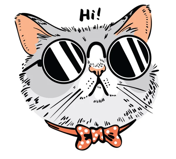 Kézzel Rajzolt Macskás Portré Portré Egy Macskáról Csokornyakkendővel Szemüveggel Hipszter — Stock Vector