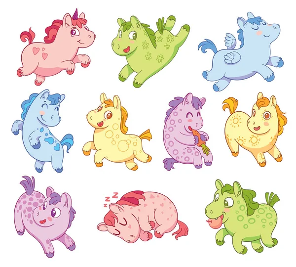 Jolis Petits Poneys Drôle Personnage Dessin Animé Illustration Vectorielle Isolé — Image vectorielle