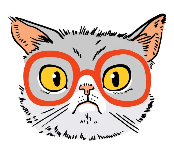 Nerd Cat Drawing Sad Cat Face Portrait Cat Glasses Hipster — Stock Vector