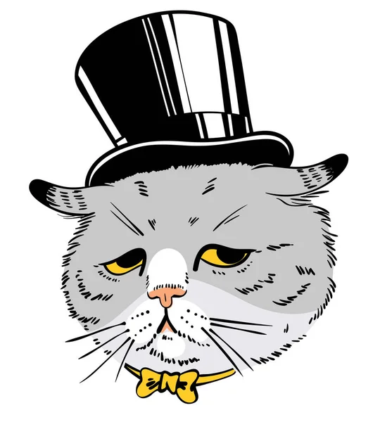 Cat Drawing Portrait Cat Bow Tie Top Hat Cartoon Characters — Stock Vector