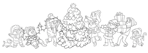 小さな子供たちのグループは外のクリスマスツリーを飾る 冬の屋外で遊んでいる子供たち 面白い漫画のキャラクター ベクトルイラスト 白い背景に隔離されている パノラマ ぬり絵 — ストックベクタ