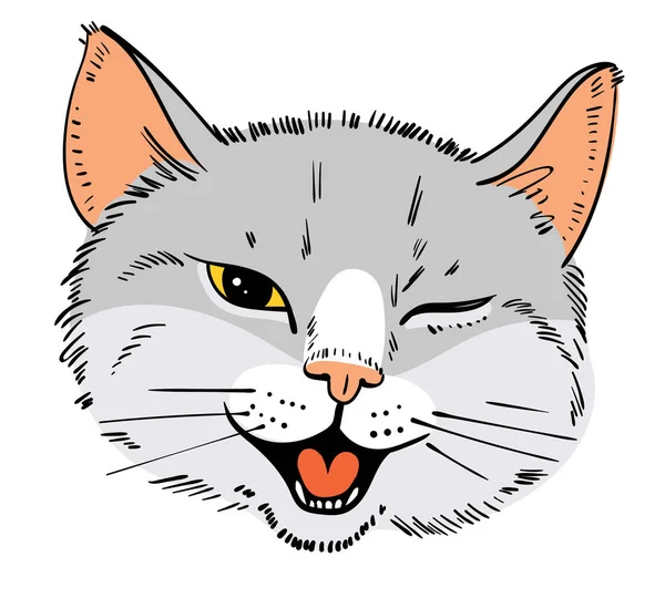 Cat Portrait Drawing Feline Grin Cat Stuck Out His Tongue — Stock Vector