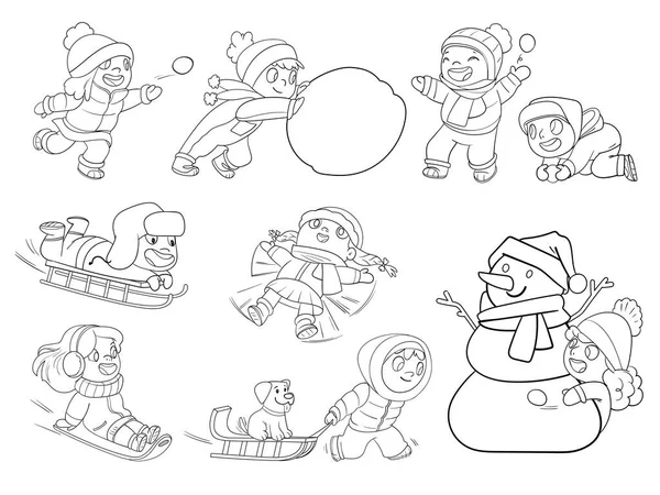 Children playing snowballs and sledding from snow slide. Kids playing in winter outdoors — Stock Vector