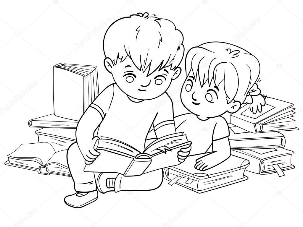 Ragazzo e ragazza che leggono fiabe insieme. Libro da colorare
