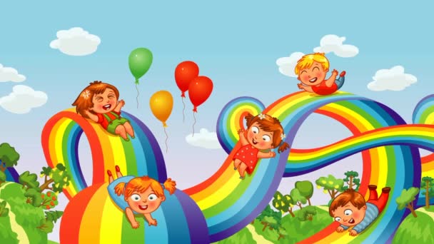Kinderen Glijden Naar Beneden Een Regenboog Roller Achtbaan Rit Naadloze — Stockvideo