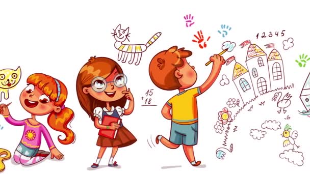 Jongens en meisjes tekenen plaatjes krabbels op de muren — Stockvideo