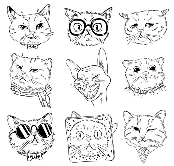 Cat portrait drawing. Black and white cartoon characters. Set — Stock Vector