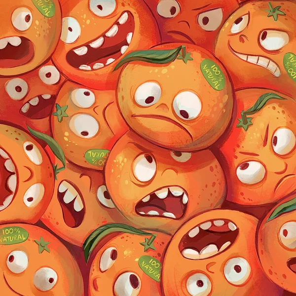 Desenhos animados laranja. Grupo de laranjas antropomórficas em um montão — Fotografia de Stock