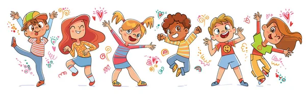 Zıplayan, yüzünü buruşturan ve dans eden çocuklar. Renkli çizgi film karakterleri — Stok Vektör