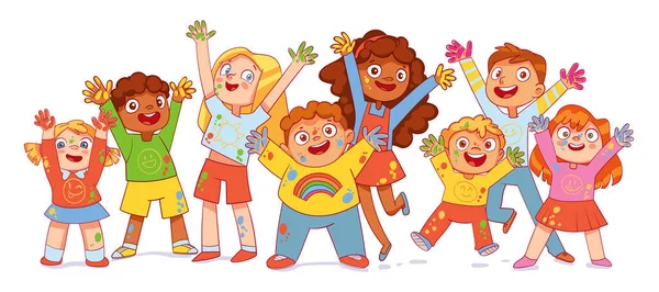 Los niños levantan las manos con pintura colorida. Grupo de amigos multiétnicos — Vector de stock