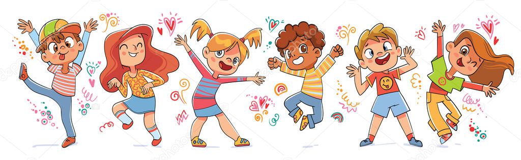 Jumping, grimacing and dancing children. Colorful cartoon characters