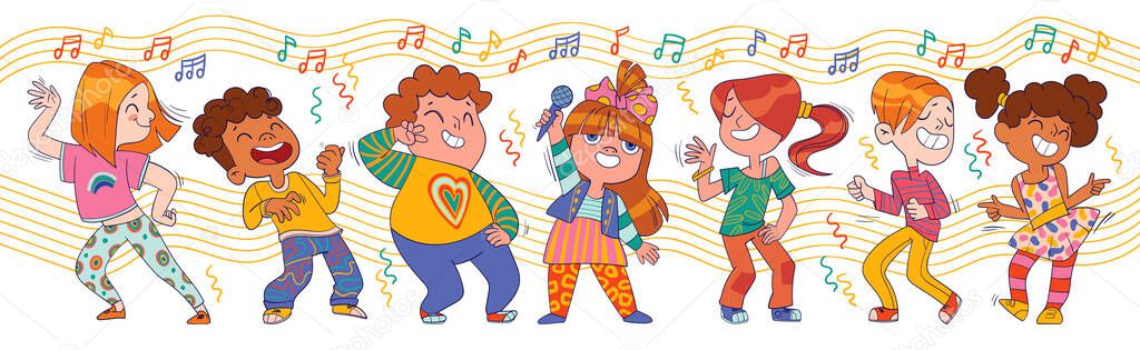 Dancing kids. Colorful cartoon characters
