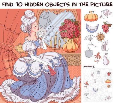Baroque girl sitting at a dressing table. Find 10 hidden objects in the picture clipart