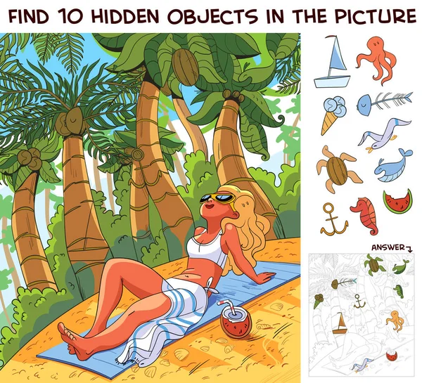 Chica tomando el sol en la playa. Encontrar 10 objetos ocultos en la imagen — Vector de stock