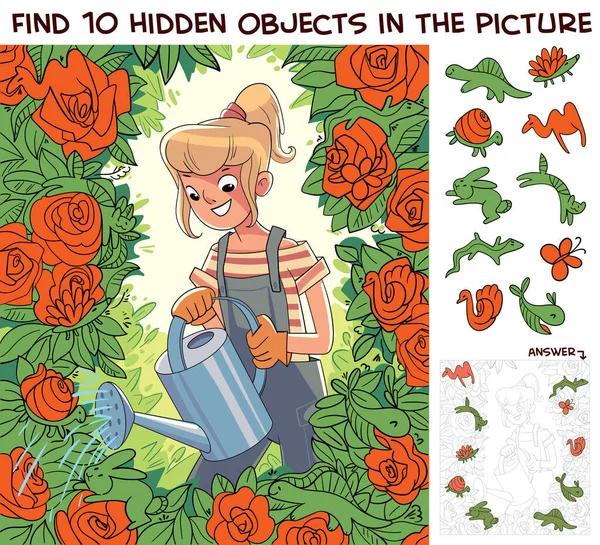 Jardineiro no jardim. Encontrar 10 objetos escondidos na imagem —  Vetores de Stock