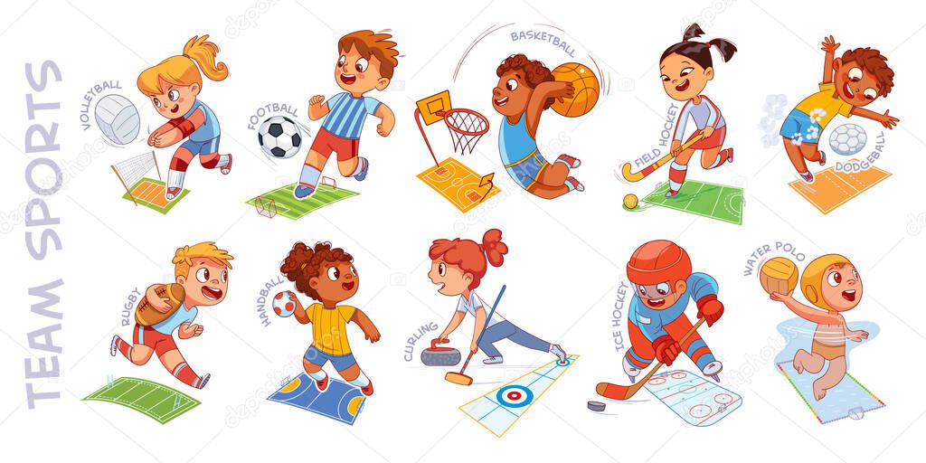 Team sport. Volleyball, football, basketball, hockey, dodgeball, rugby, handball, curling, water polo