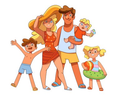 Family on vacation. Colorful cartoon characters