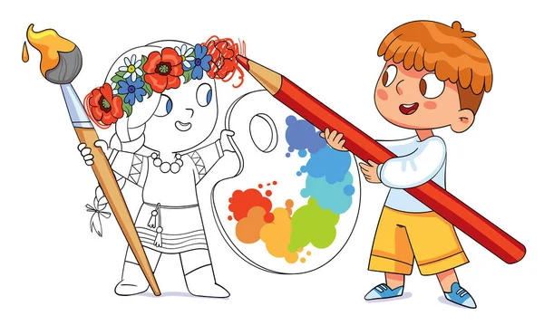 Boy paints girl with a big magic pencil — Stock Vector