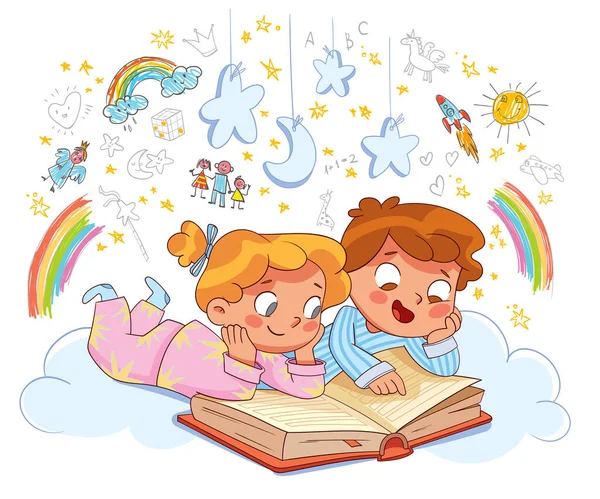 Bedtime story. Brother and sister read a book of fairy tales before going to bed and fantasize — Vetor de Stock