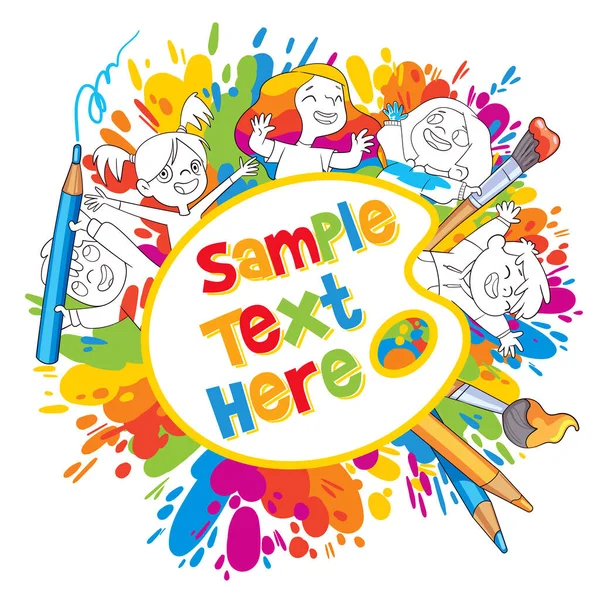 Renkli boya lekelerinin arka planında çocukların siyah beyaz çizimleri