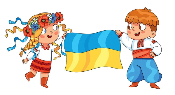 ウクライナの旗を持っている小さな男の子と女の子 — ストックベクタ